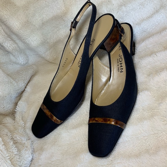 ST. JOHN Navy Blue Slingbacks w/ Turtoise Shell Heels women’s size 8 - Picture 1 of 8